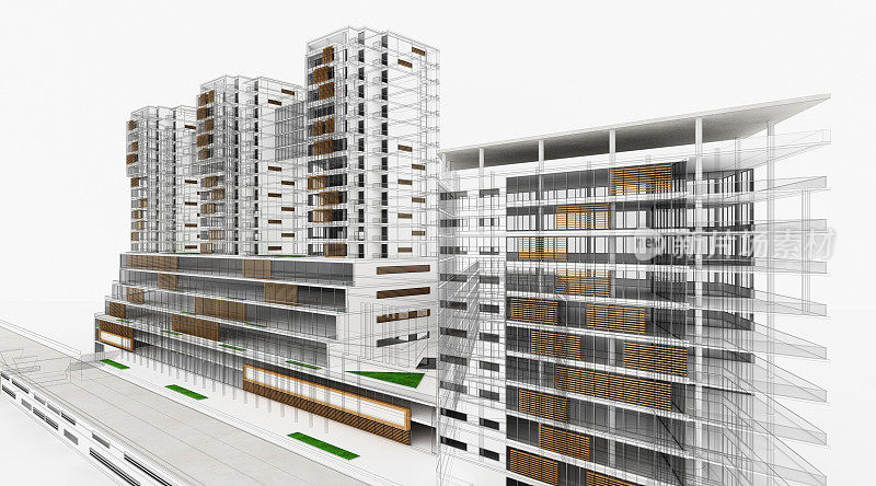 住宅和办公楼。线框图3 d渲染。比例模型。体系结构。